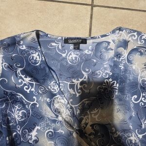 Glamour Blue and White Scroll Print Satin V-Neck Top